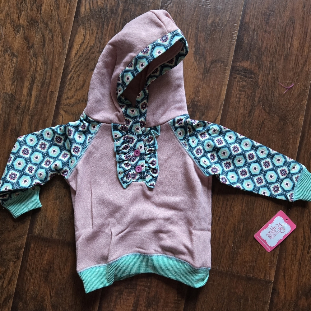 Ricrac & Ruffles Girls Pink and Teal Print Hoodie Sweater 12mo